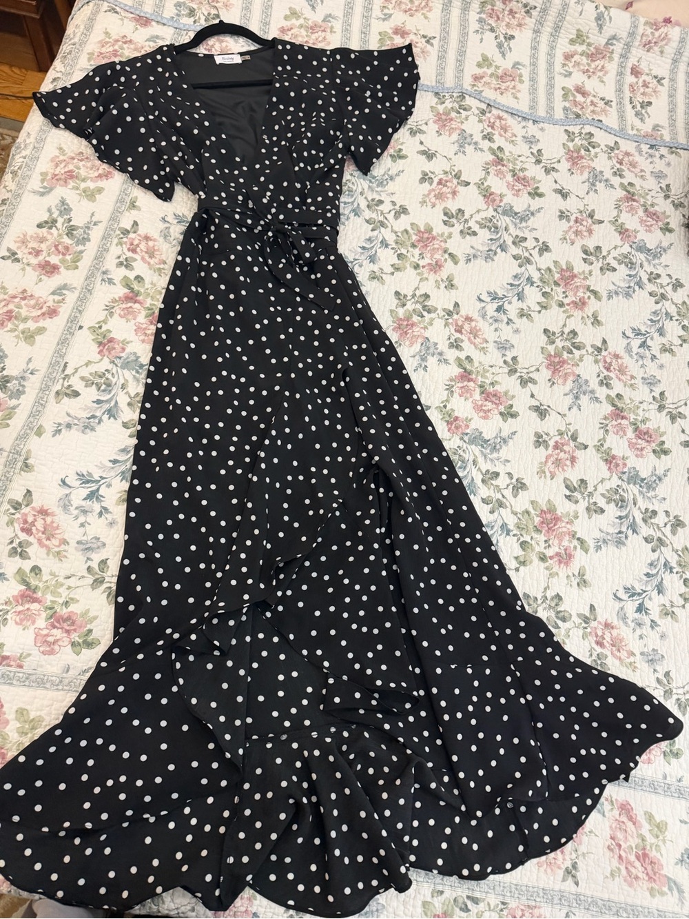 Black and white polka dot wrap dress with flutter sleeves M